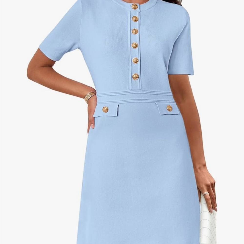 Elegant Light Blue Dress by Merokeety. Soft knit dress. Gold button detail